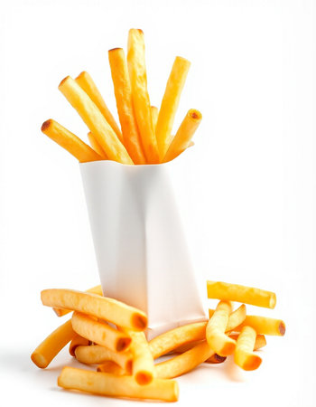 Pile of french fries in a white vase on white background
