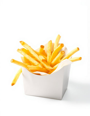 French fries in white box isolated on white background. Selective focus.