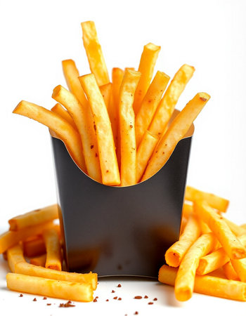 French fries in a black box on a white background. Isolated
