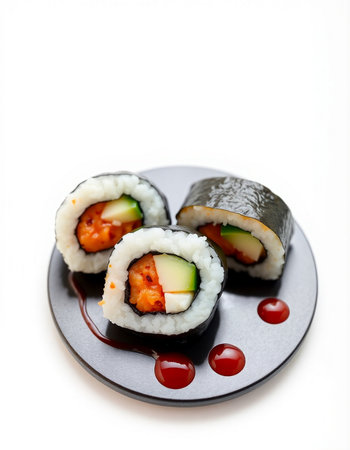 Sushi rolls on a plate isolated on white background. Japanese food