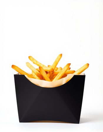 French fries in a black box on a white background. Fast food.
