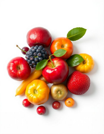 Fruits and vegetables isolated on white background. Healthy eating concept.