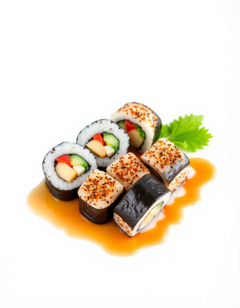 sushi rolls isolated on a white background in a restaurant, Japanese foodの写真素材