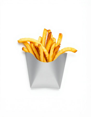 French fries in paper box isolated on white background. Top view.