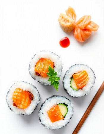 Sushi rolls with salmon, avocado and cucumber on white backgroundの写真素材