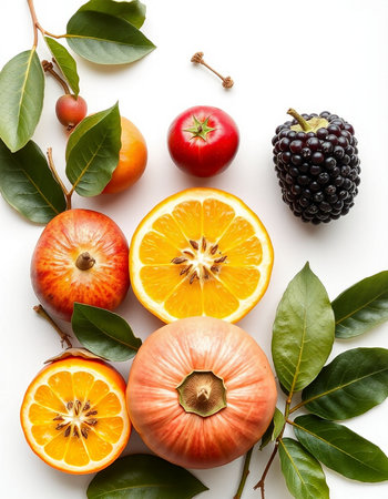 Fruits and vegetables on a white background. View from above.