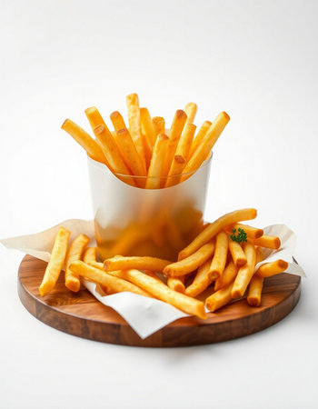 French fries in a paper box on a wooden board on a white background