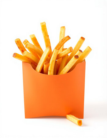 French fries in orange box isolated on white background, clipping path included
