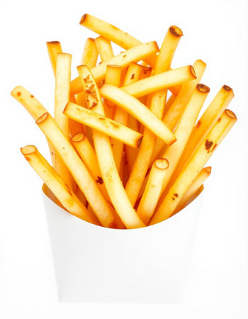 French fries in a paper cup on a white background. Isolated