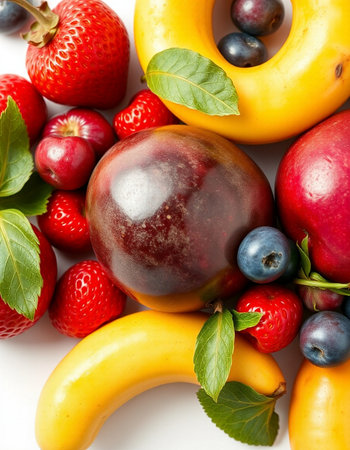 Fresh fruits on a white background, top view, close-up