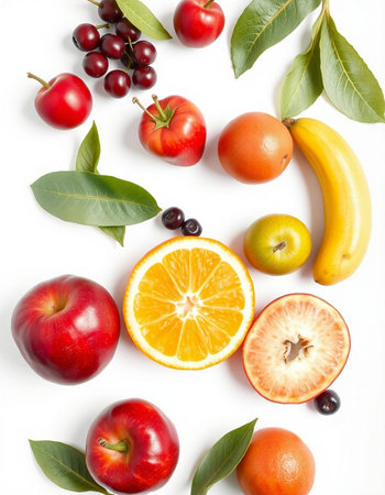 Fruits and berries isolated on white background. Flat lay, top view