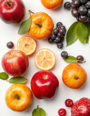Fruits and berries on a white background. Flat lay, top view