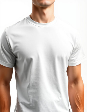 White t-shirt on a man's body on a white background