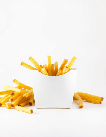 French fries in a white paper box on a white background, isolated