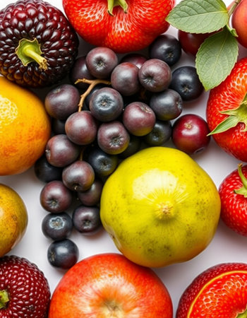 Variety of fresh fruits including strawberries, blueberries, raspberries, blackberries, oranges,...
