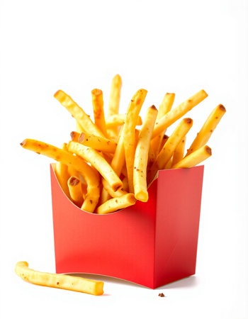 French fries in a red box on a white background. Isolated
