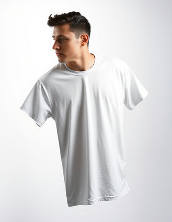 Young handsome man in white t-shirt. Studio shot on white background.の写真素材