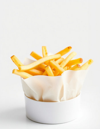 French fries in a paper box on a white background. Selective focus.の写真素材