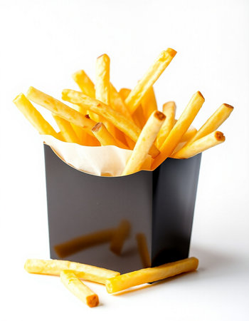 French fries in a paper box on a white background. Fast food.の写真素材