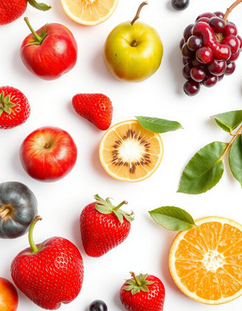 Fruits and berries on white background. Flat lay, top viewの写真素材