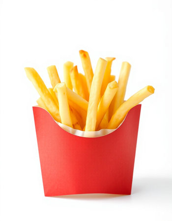 French fries in a red box on a white background. Isolated
