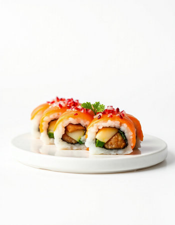 Sushi roll with salmon, avocado, cucumber and cream cheese on white backgroundの写真素材