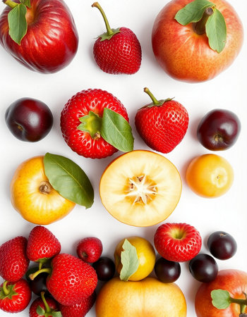 Fruit background with strawberries, plums, cherries, plumsの写真素材