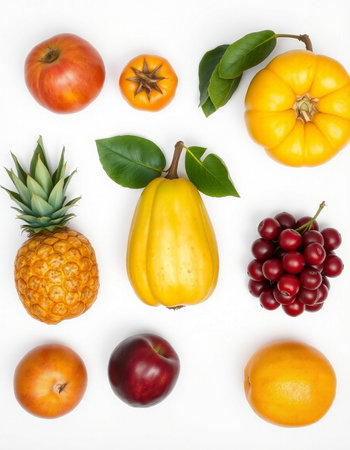 Fruits and vegetables isolated on white background. Top view. Flat lay.の写真素材