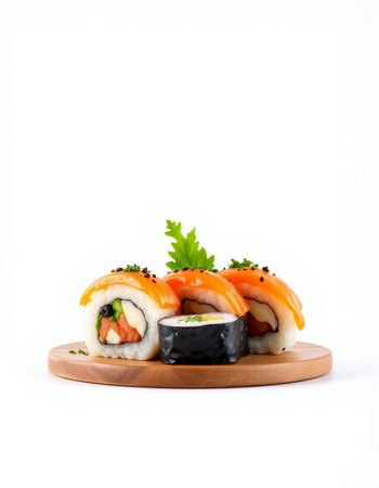 Sushi rolls on a wooden plate isolated on a white background.の写真素材