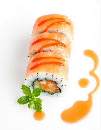 Sushi roll with salmon and cream cheese on a white background.の写真素材