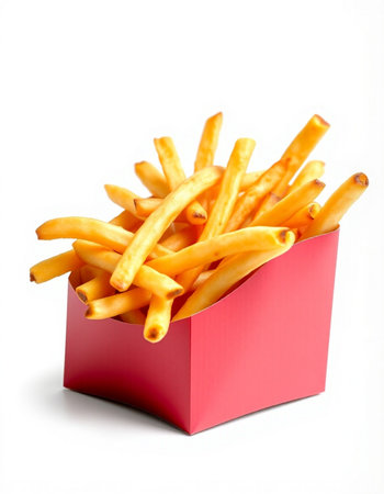 French fries in a box isolated on white background. Fast food.