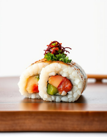 Sushi rolls on a wooden board isolated on a white background.の写真素材