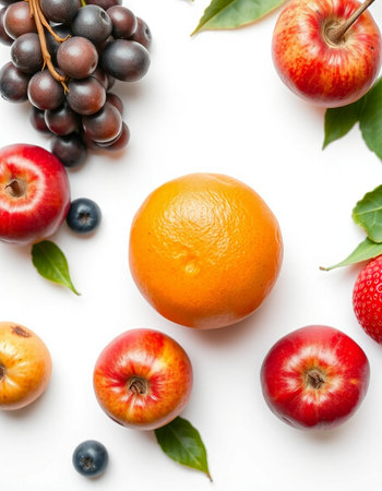 Fruits and berries isolated on white background. Flat lay, top viewの写真素材