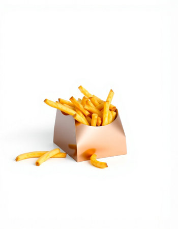 Golden French fries in paper box isolated on white background. Fast food concept.