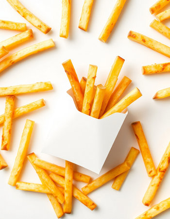 French fries with blank paper card on white background. Top view.