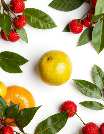 Flat lay composition with fresh fruits and leaves on white background.