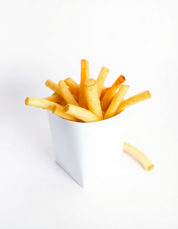 French fries in a white box on a white background. Selective focus.