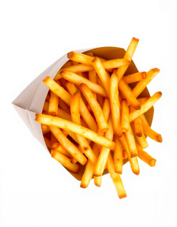 French fries in paper box isolated on white background. Selective focus.