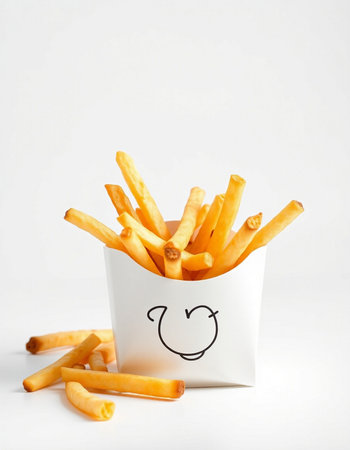 French fries with smiley face in a paper cup on white backgroundの写真素材