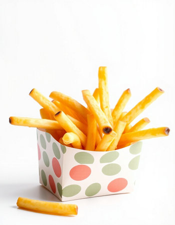 French fries in paper box on white background. Selective focus.の写真素材