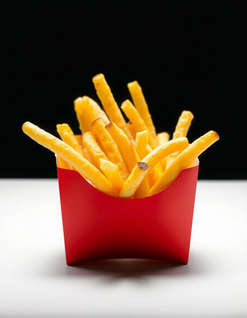French fries in a red box on a black and white background.