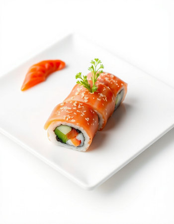 Japanese Cuisine - Sushi Roll with Salmon, Cream Cheese and Raw Salmon inside. Nori outside