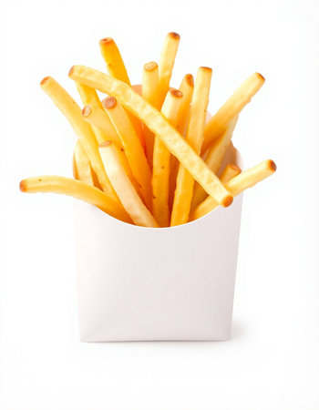French fries in white box isolated on white background. Selective focus.