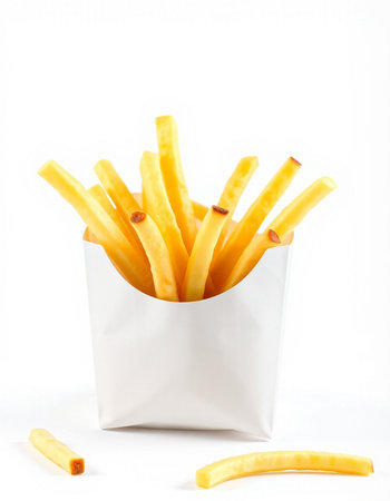 French fries in paper box isolated on white background. Selective focus.