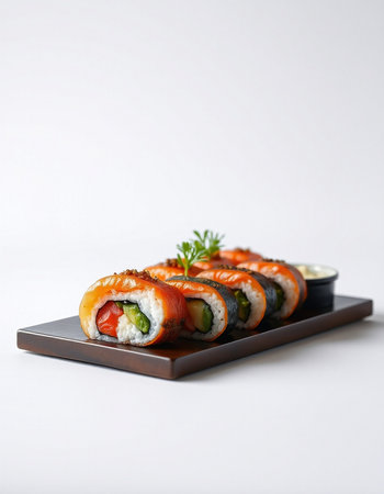 Sushi roll with salmon, cucumber and cream cheese on a white backgroundの写真素材