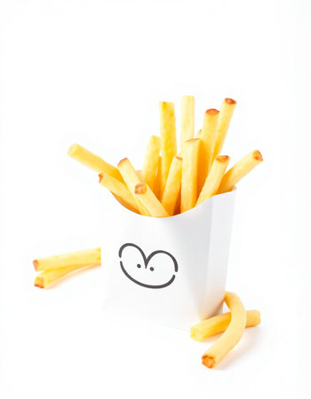 French fries with a smiley face isolated on a white background.の写真素材