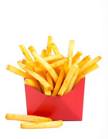 French fries in red box isolated on white background. Fast food.