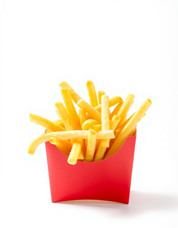 French fries in a red box isolated on white background, fast food