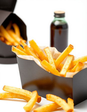 French fries in a paper box and a bottle on a white background