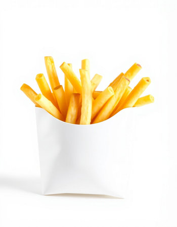 French fries in white paper box on white background. Isolated.
